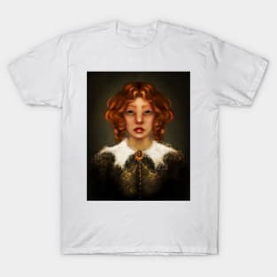 Dark Academia Aesthetic Portrait Manga Girl Victorian Mourning Red Hair and Green Eyes Lowbrow Dark Surrealist Portrait T-Shirt